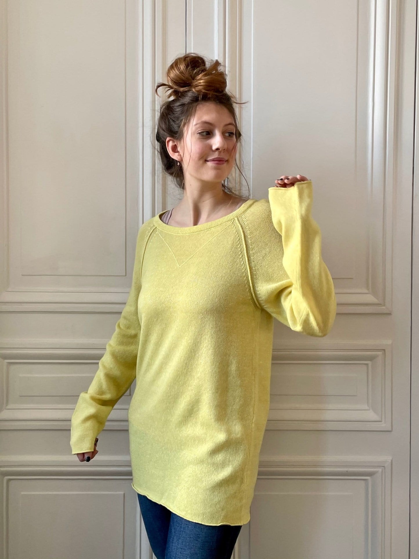 Pull sweatshirt jaune 58% cachemire 42% lin tricoté en France