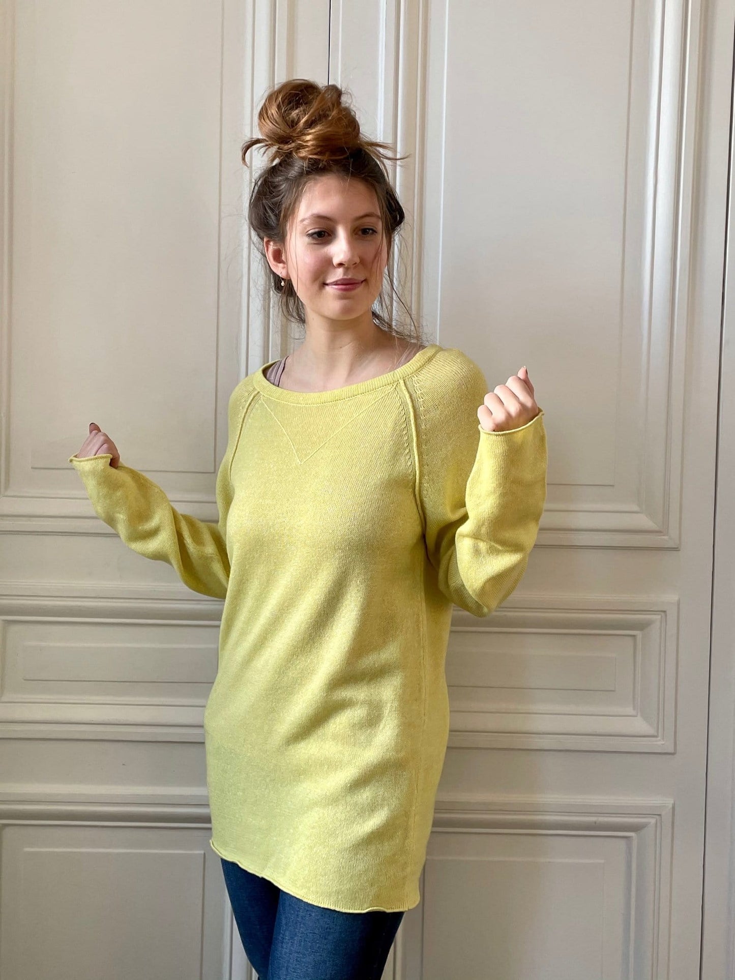 Pull sweatshirt jaune 58% cachemire 42% lin tricoté en France