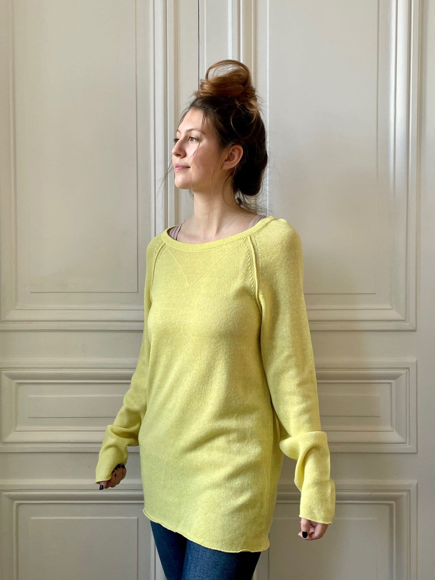 Pull sweatshirt jaune 58% cachemire 42% lin tricoté en France