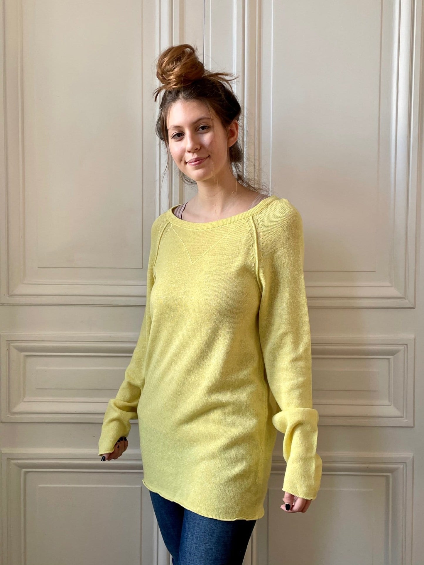 Pull sweatshirt jaune 58% cachemire 42% lin tricoté en France