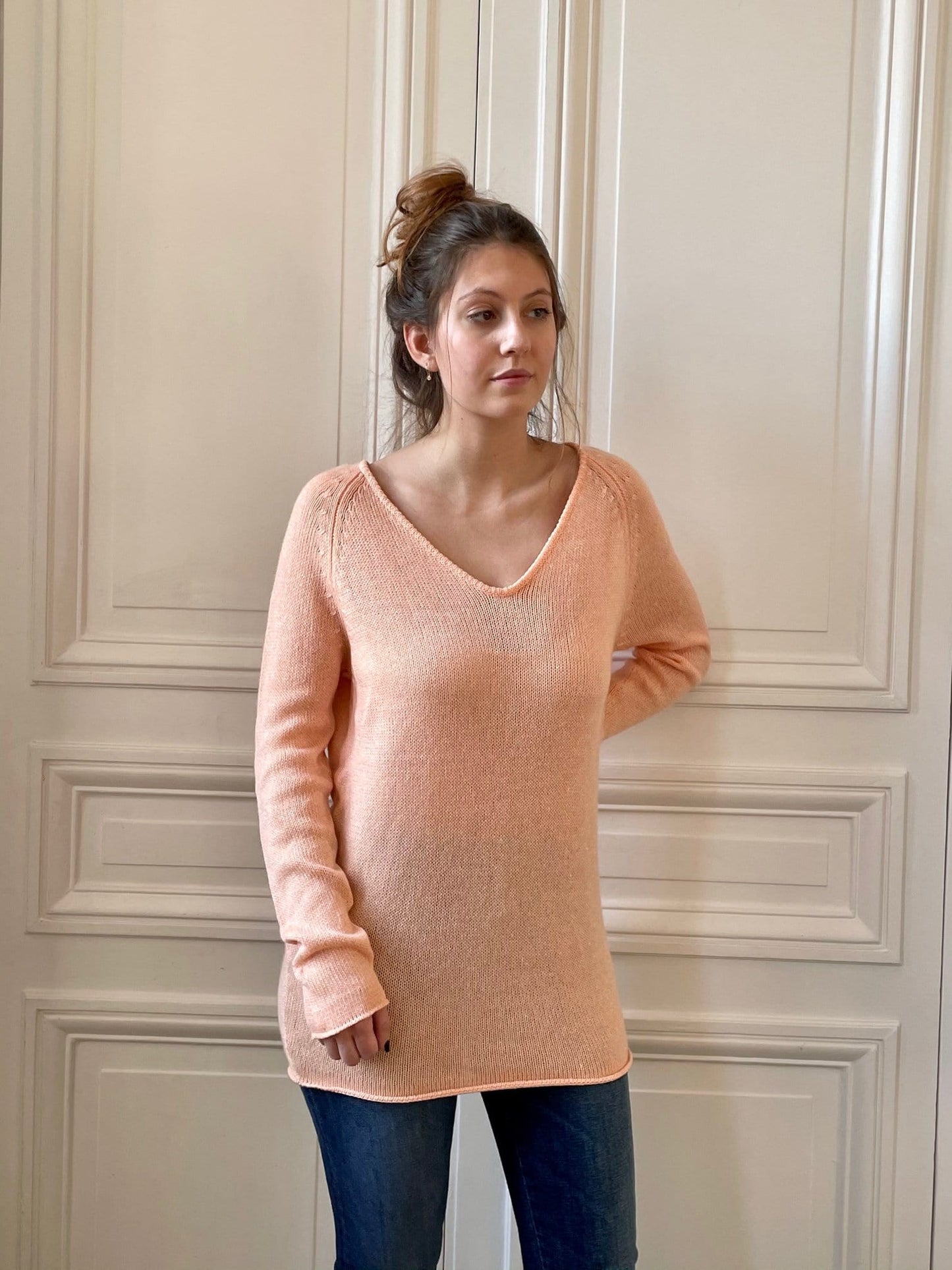 Pull col V 58% cachemire 42% lin