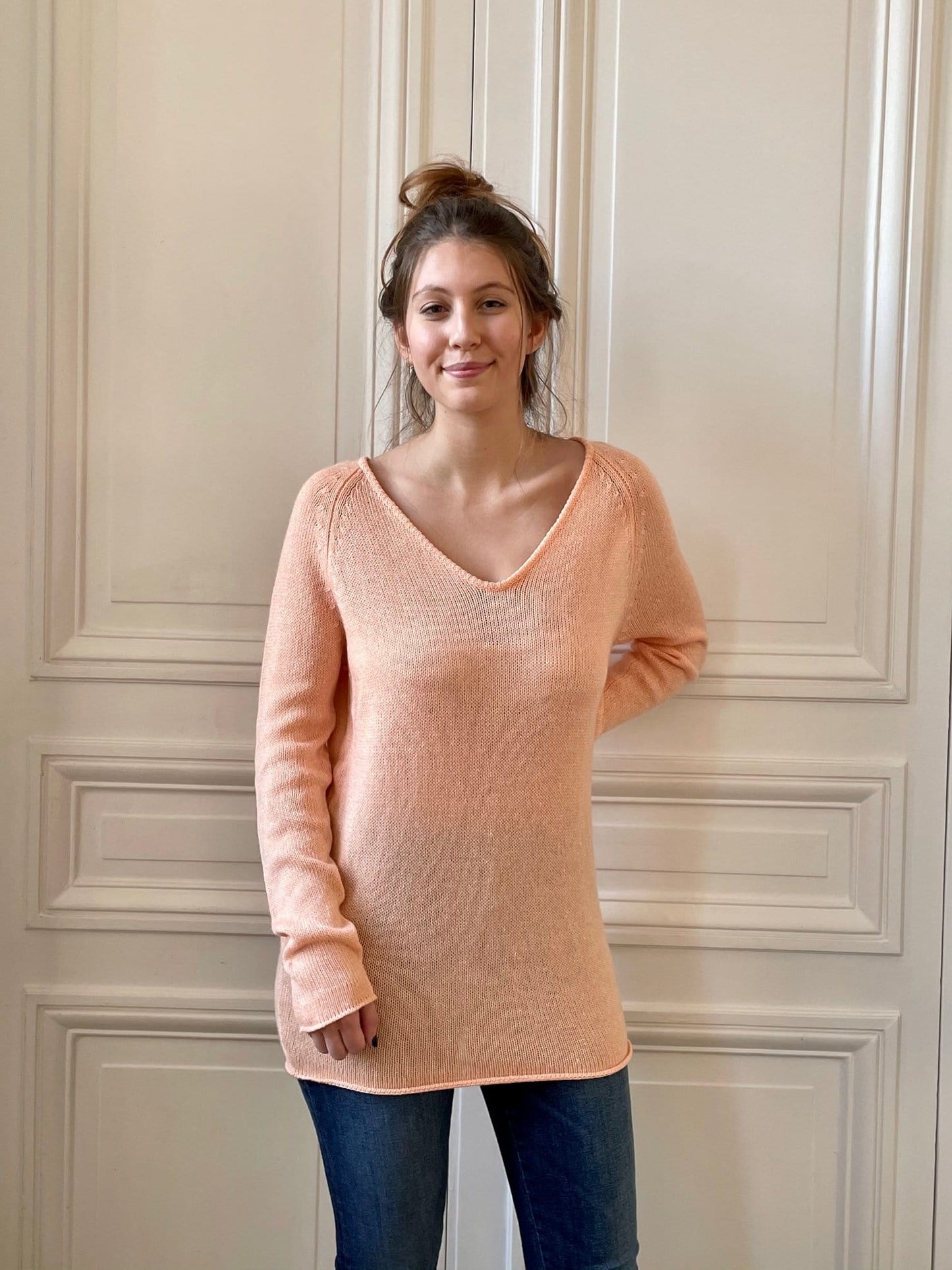 Pull col V 58% cachemire 42% lin