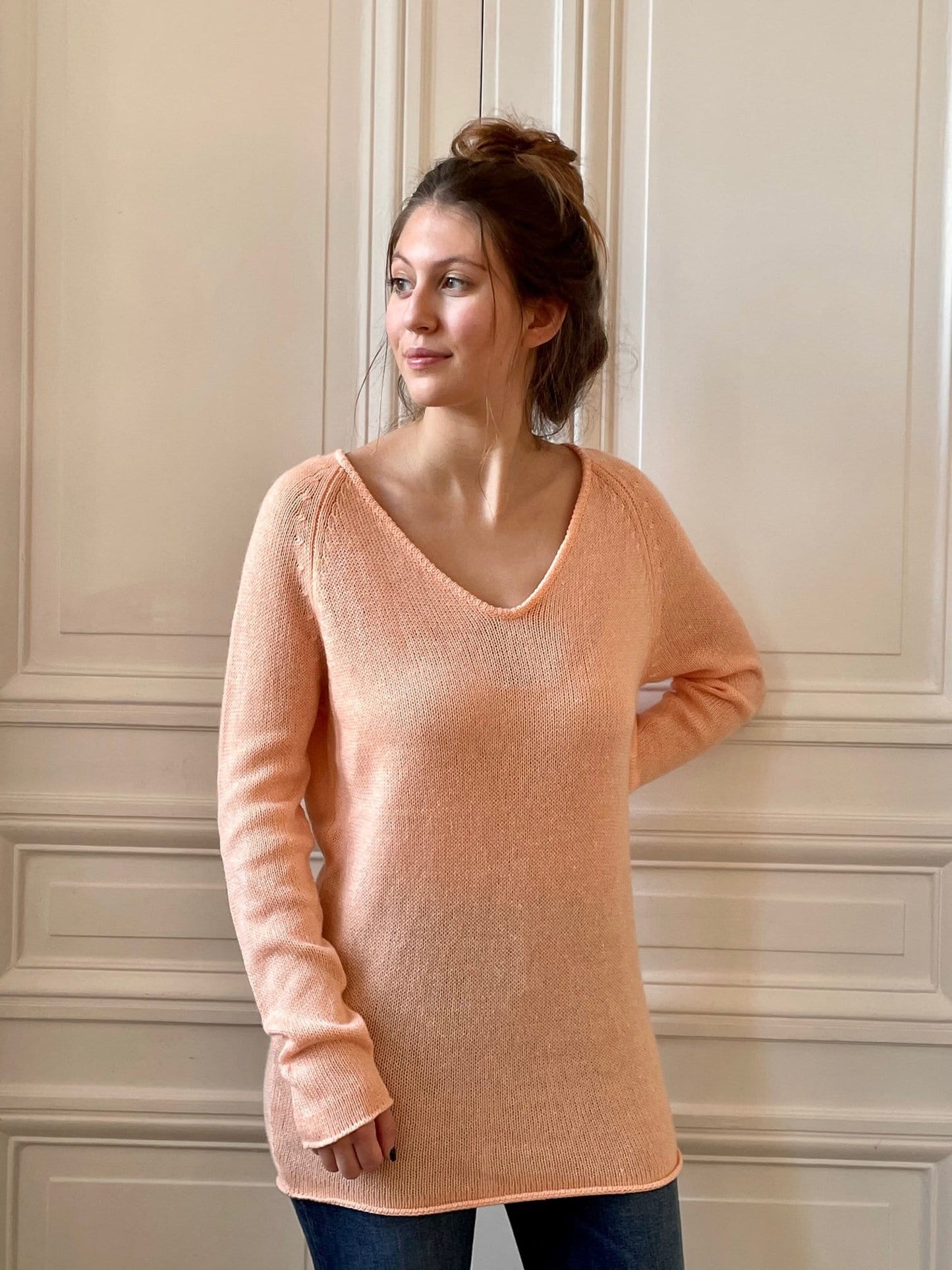 Pull col V 58% cachemire 42% lin