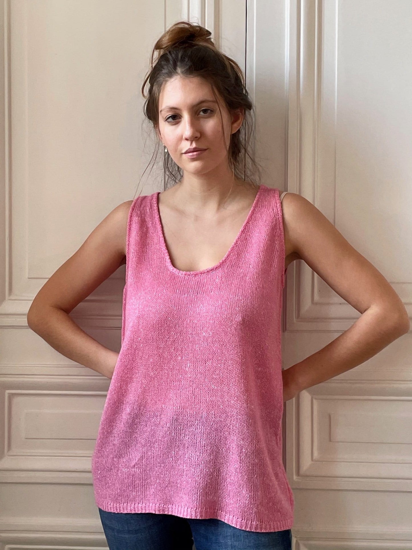 Pull débardeur 58% cachemire 42% lin