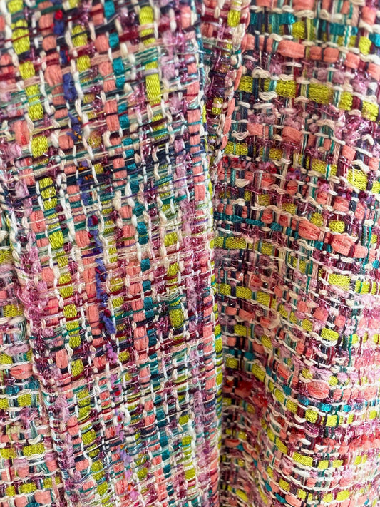 Kimono en tweed rose, jaune, violet, vert tissé et fabriqué en France