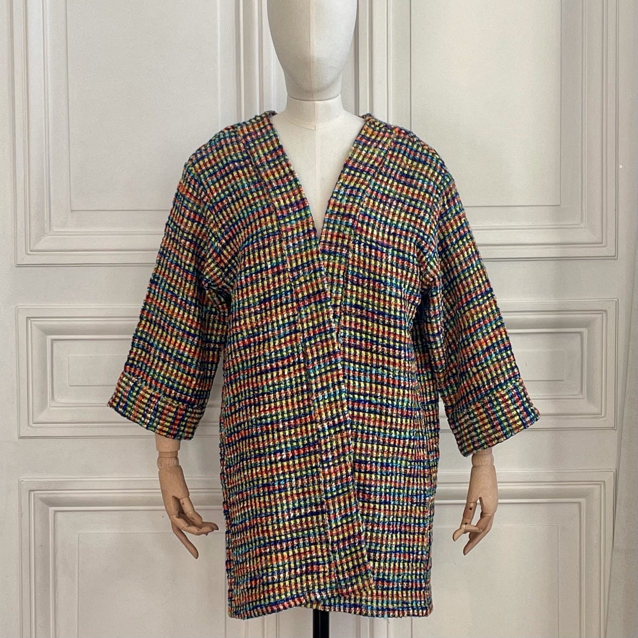 Kimono en tweed jaune, bleu, orange, turquoise et noir et fabriqué en France
