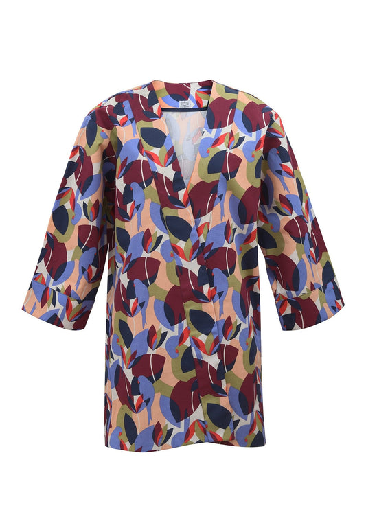 Kimono en coton imprimé perroquets prune, lilas, vert et saumon fabriqué en France