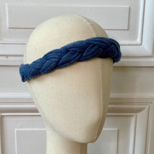 Headband tresse bleu jean 58% cachemire 42% lin tricotée en France