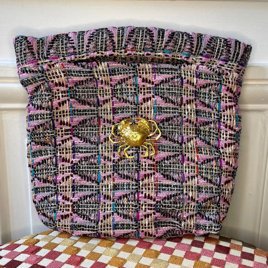 Pochette Agathe en tweed lilas, rose et marine tissé et fabriquée en France
