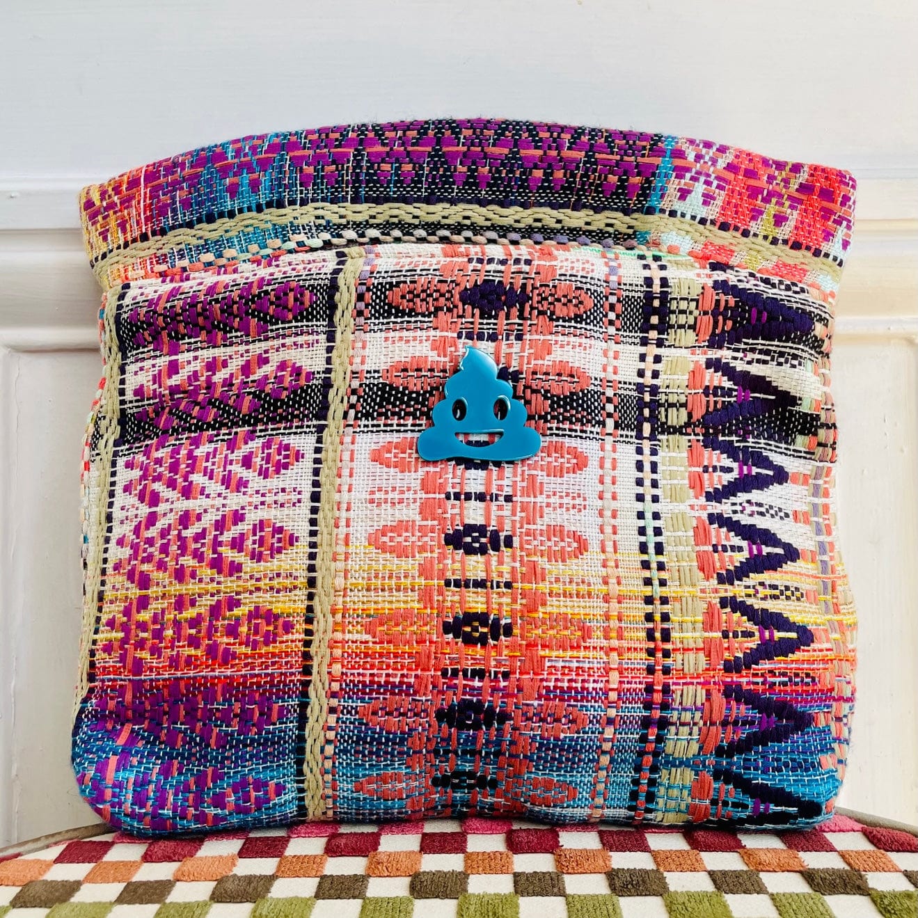 Pochette Agathe en tweed violet, beige, turquoise et corail tissé et fabriquée en France