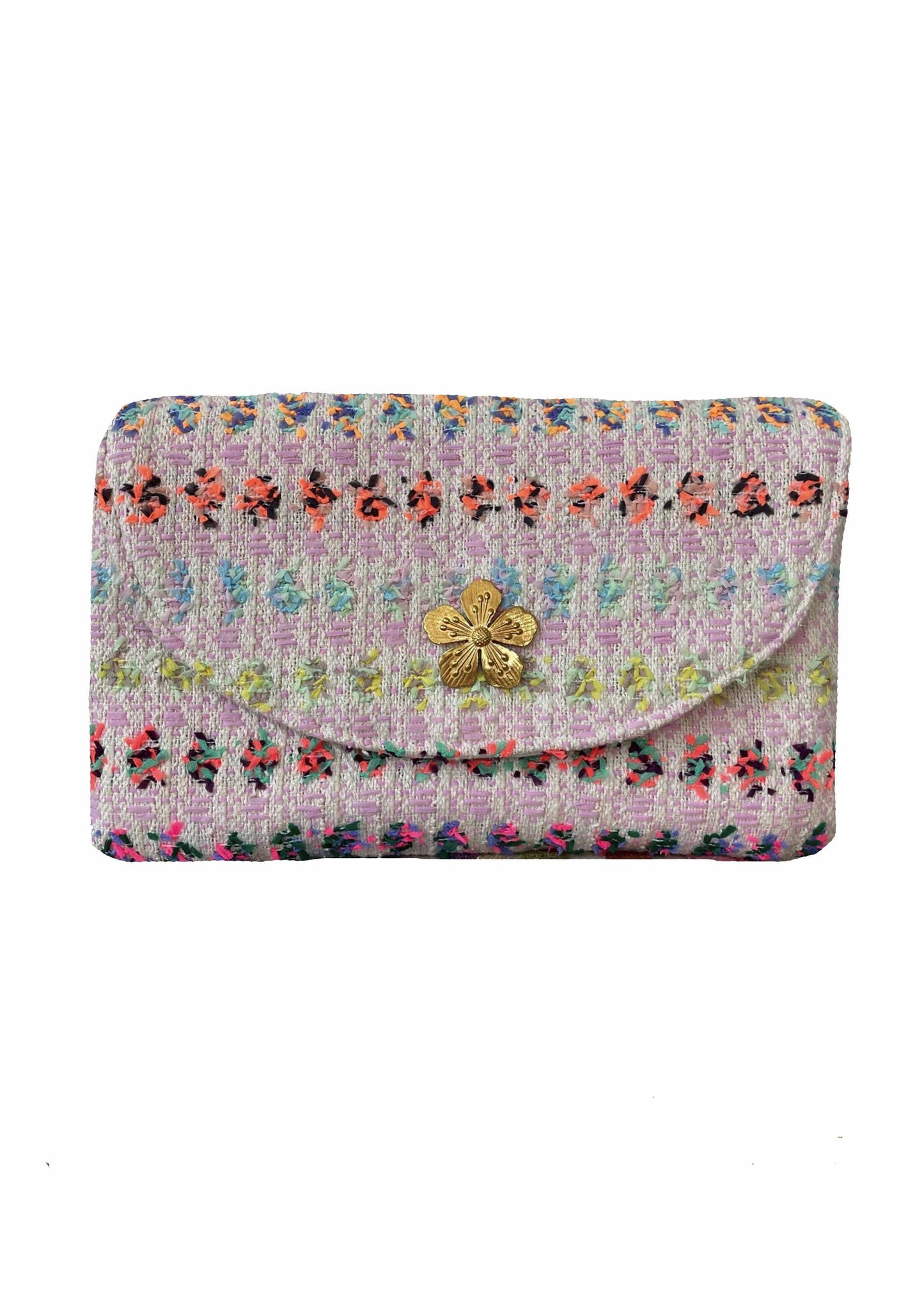 Pochette Sylvestre en tweed rose, orange, bleu ciel et vert tissé et fabriqué en France