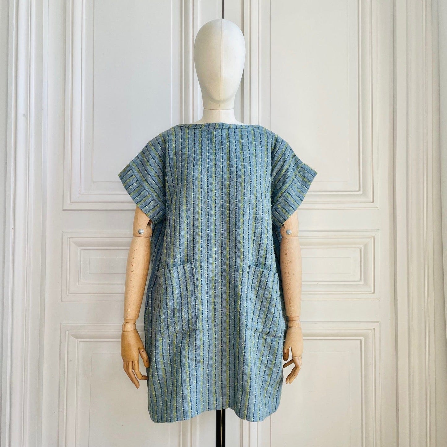 Robe en tweed bleu et vert tissé et fabriqué en France