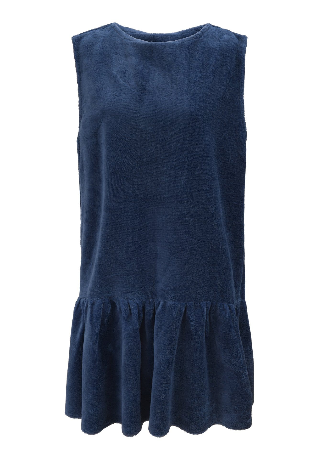 Robe sans manches à volant en éponge coton et bambou bleue fabriquée en France