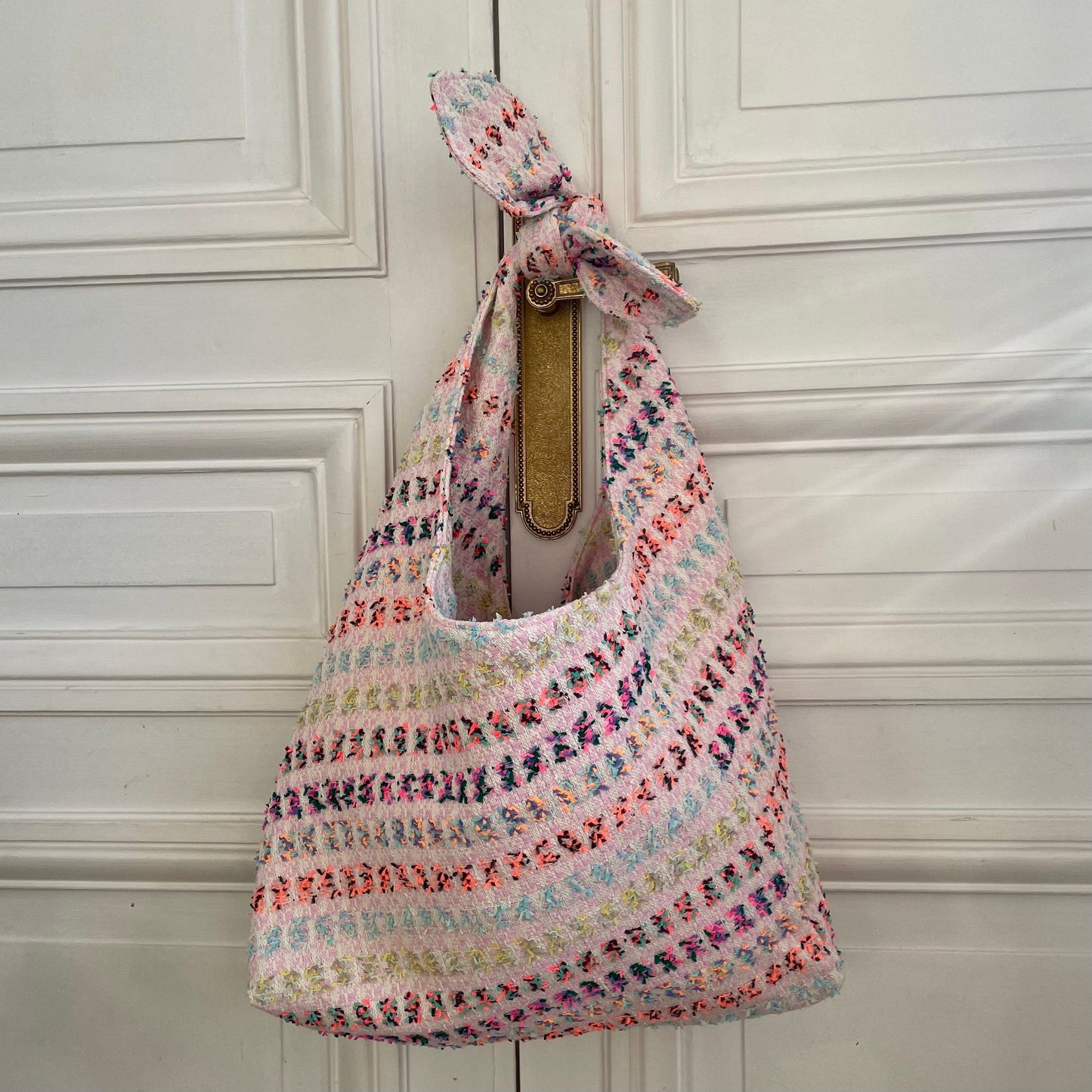 Sac Angèle en tweed rose, orange, bleu ciel et vert tissé et fabriqué en France