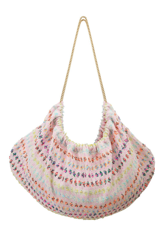 Sac Bénédicte en tweed rose, orange, bleu ciel et vert tissé et fabriqué en France