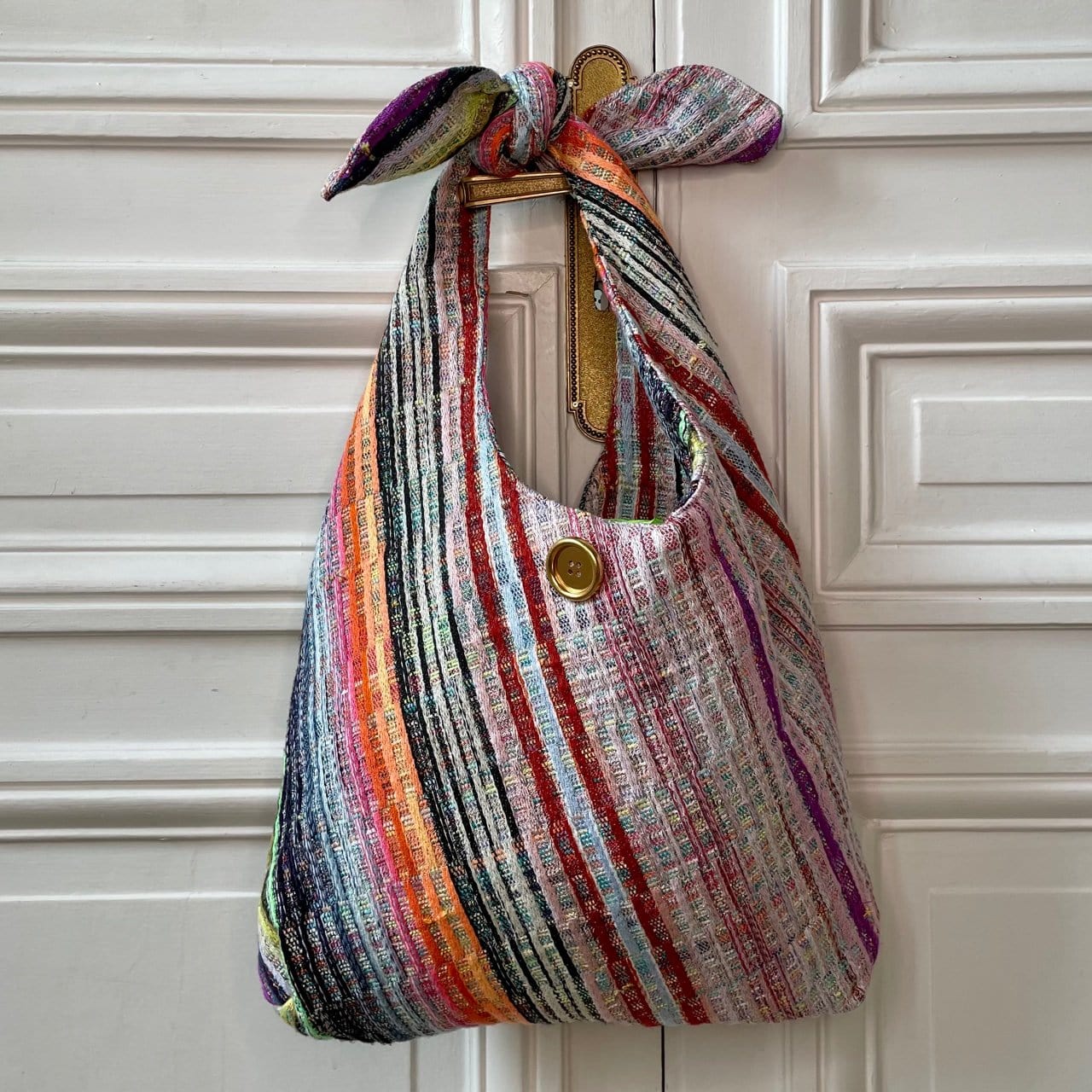 Sac Angèle en tweed rose tendre, rose vif, rouge, noir, jaune, lilas et orange tissé et fabriqué en France