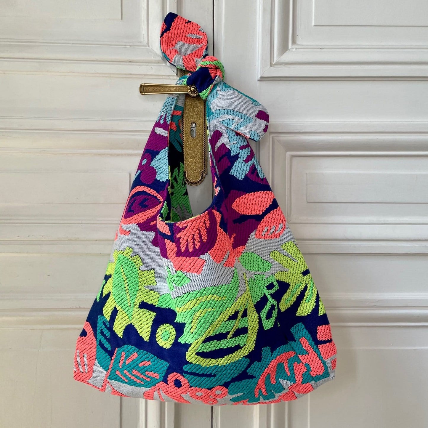 Sac Angèle en tweed bleu ciel, bleu marine, fuschia, jaune et corail tissé et fabriqué en France