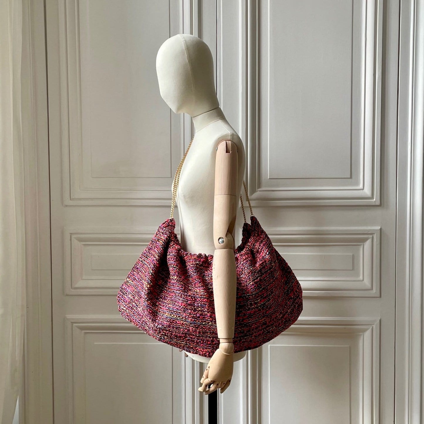 Sac Bénédicte en tweed rose, lilas, noir et jaune tissé et fabriqué en France
