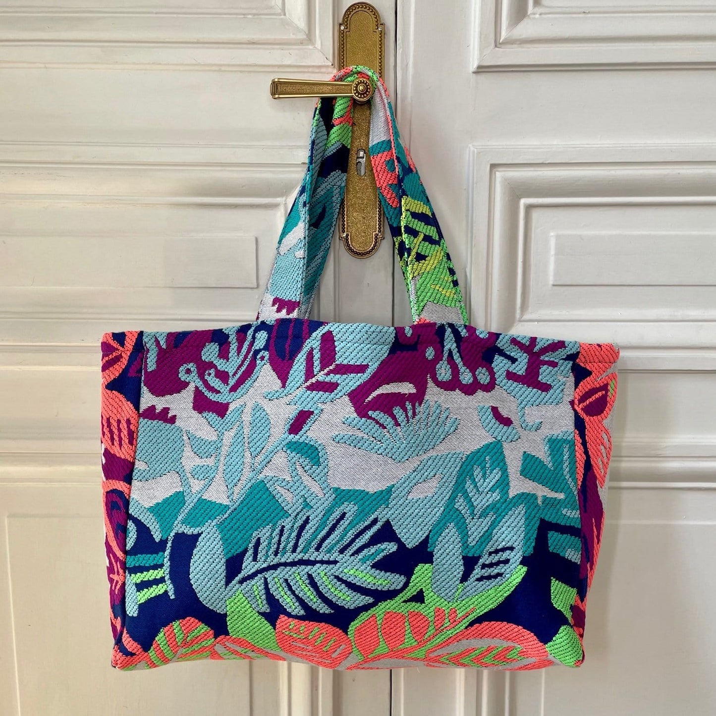 Sac Justine en tweed bleu ciel, bleu marine, fuschia, jaune et corail tissé et fabriqué en France