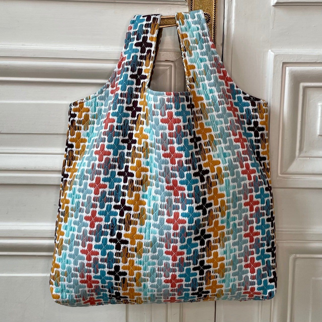 Sac Thomas en tweed jaune moutarde, marron, bleu, vert d'eau et corail tissé et fabriqué en France