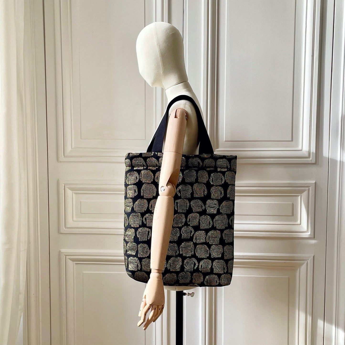 Sac Vivien en tweed marinières noir et or tissé et fabriqué en France