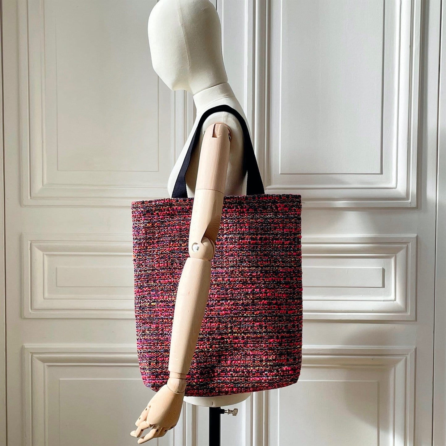 Sac Vivien en tweed rose, lilas, noir et jaune tissé et fabriqué en France
