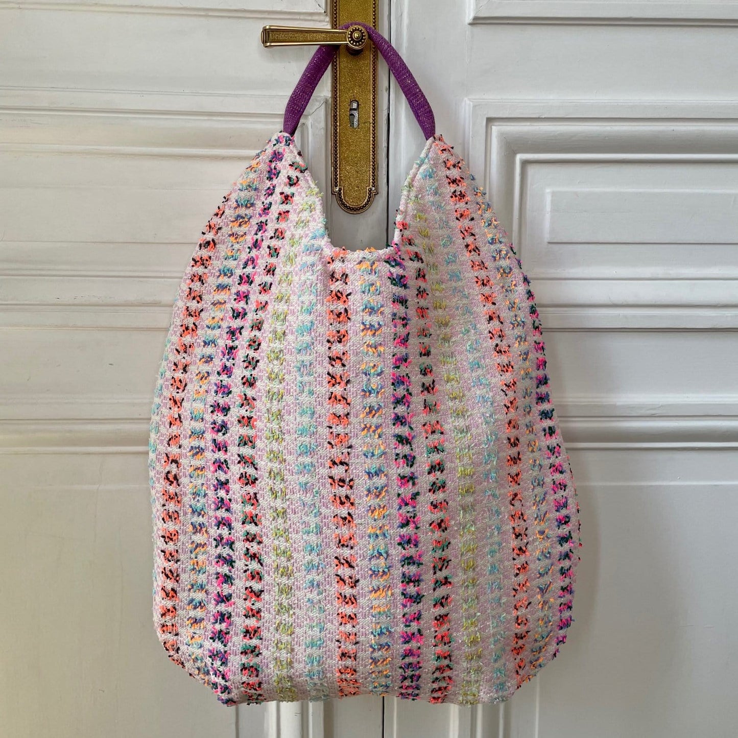 Sac Yvette en tweed rose, orange, bleu ciel et vert tissé et fabriqué en France