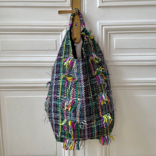 Sac Yvette en tweed vert émeraude, jaune, blanc et rose tissé et fabriqué en France