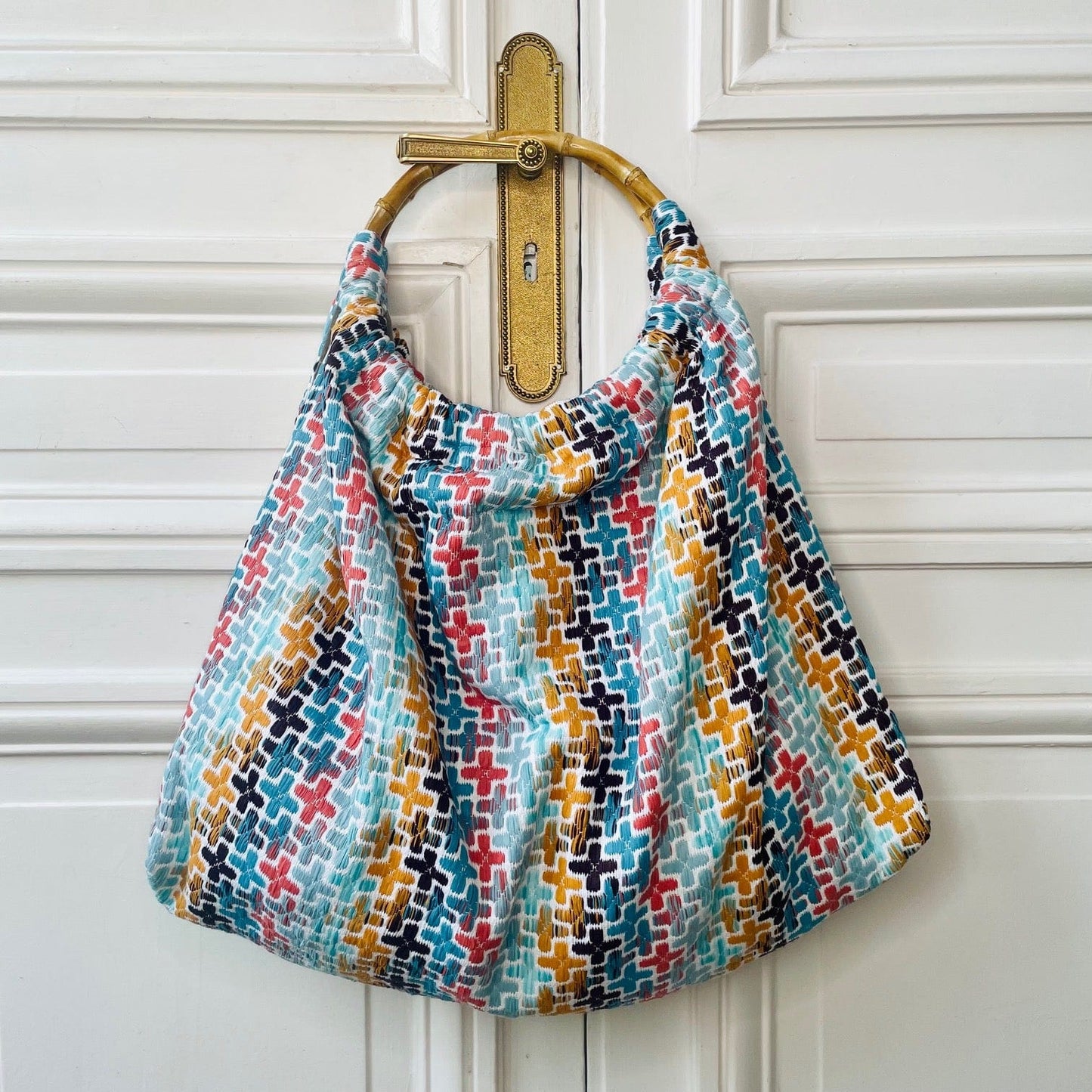 Sac Marcel en tweed jaune moutarde, marron, bleu, vert d'eau et corail tissé et fabriqué en France