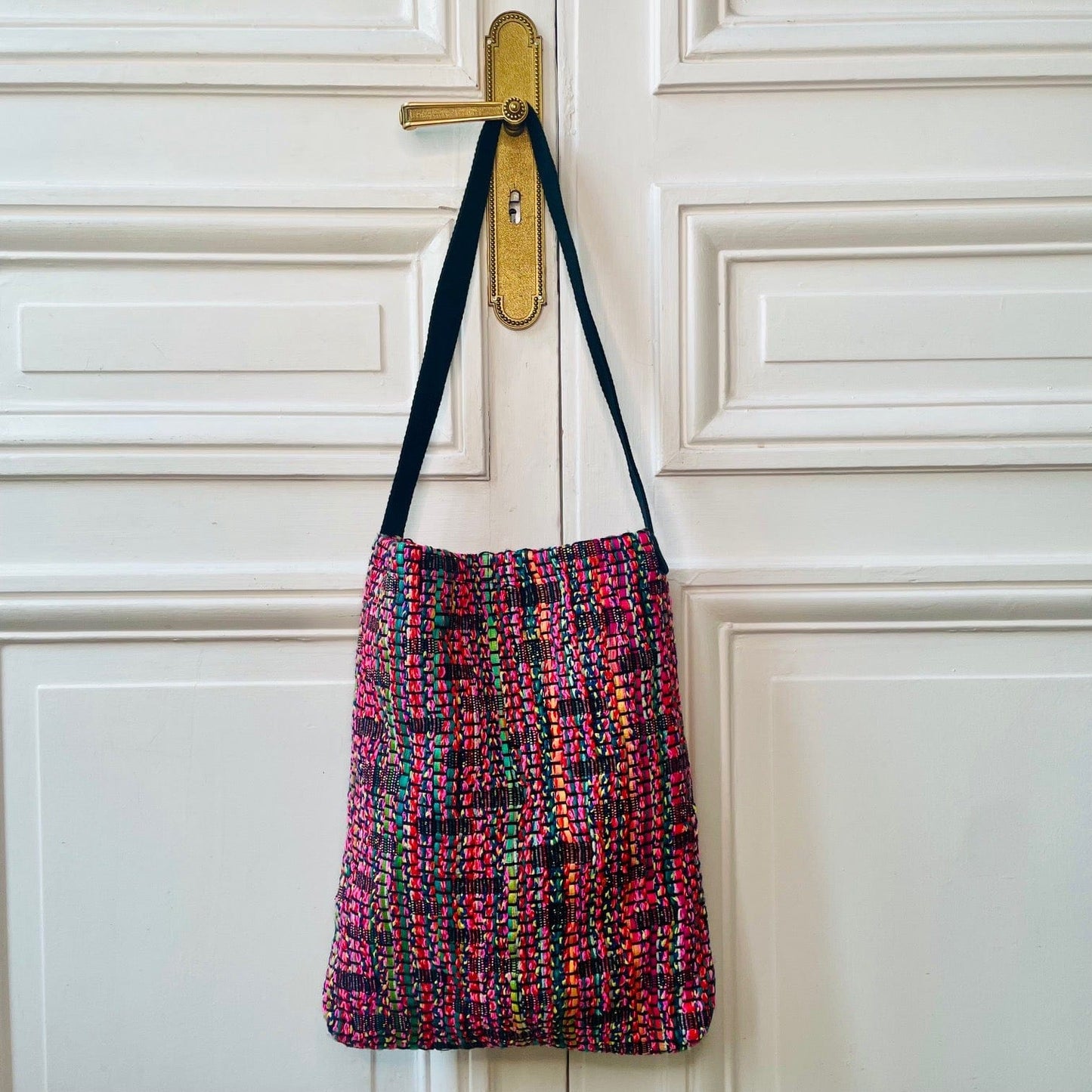 Sac Bérénice en tweed rose, noir, orange, vert, bleu tissé et fabriqué en France