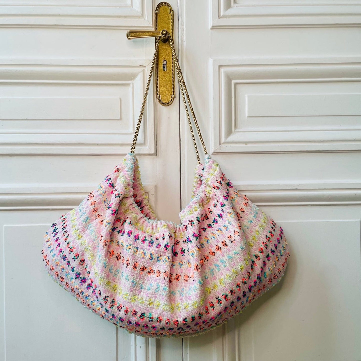 Sac Bénédicte en tweed rose, orange, bleu ciel et vert tissé et fabriqué en France