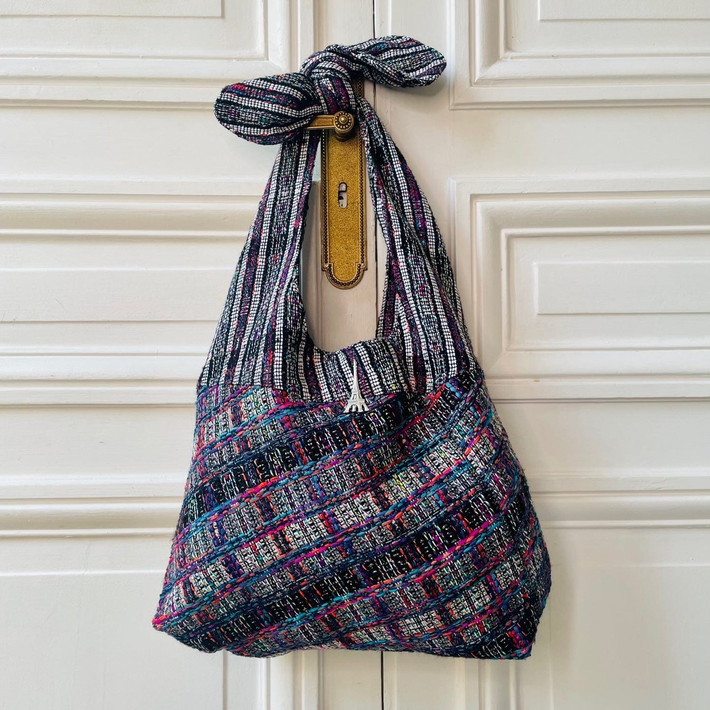 Sac Angèle en tweed noir, blanc, gris, rose, lilas, et bleu tissé et fabriqué en France