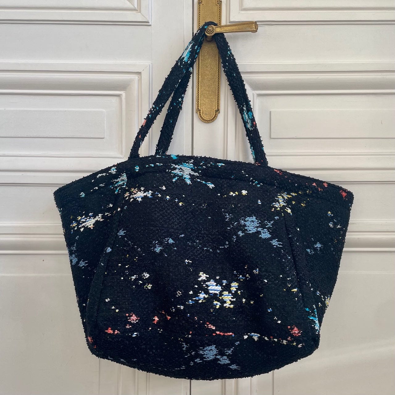 Sac Sébastien en tweed bleu, blanc, noir, jaune et corail tissé et fabriqué en France