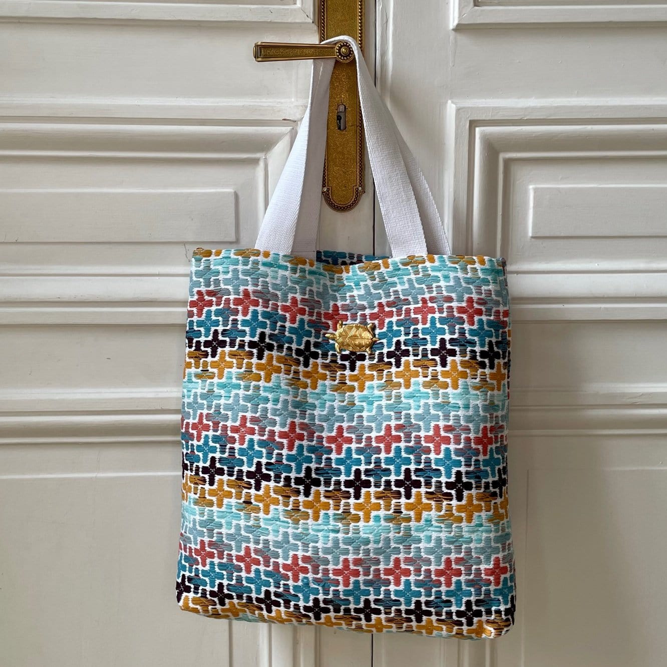 Sac Vivien en tweed jaune moutarde, marron, bleu, vert d'eau et corail tissé et fabriqué en France