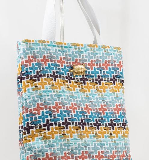 Sac Vivien en tweed jaune moutarde, marron, bleu, vert d'eau et corail tissé et fabriqué en France