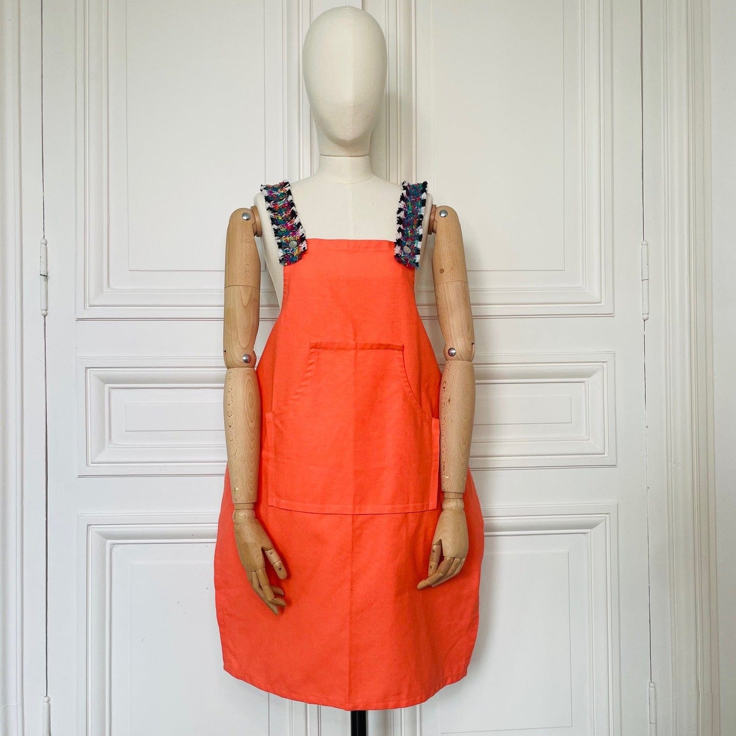 Tablier en coton corail et en tweed rayé multicolore tissé et fabriqué en France