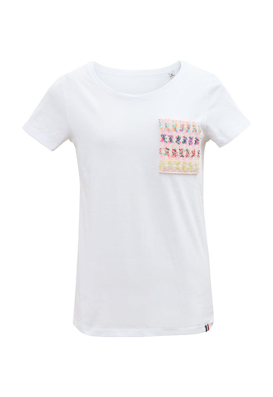 T shirt en coton blanc avec patchs en tweed tissé et fabriqué en France