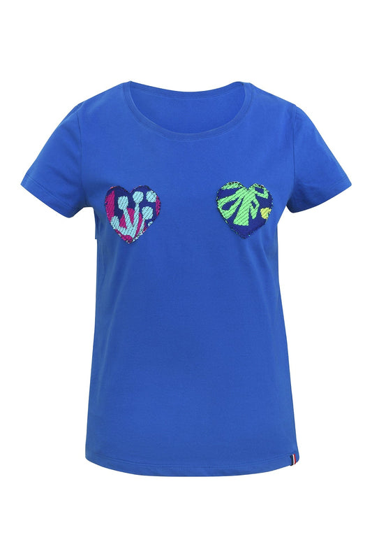 T shirt en coton bleu avec patchs en tweed tissé et fabriqué en France