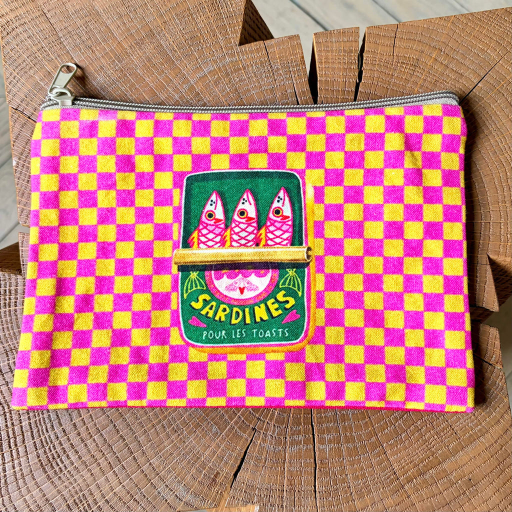 Grande pochette boîte de sardines carreaux rose et jaune 22x15 cm