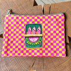 Grande pochette boîte de sardines carreaux rose et jaune 22x15 cm