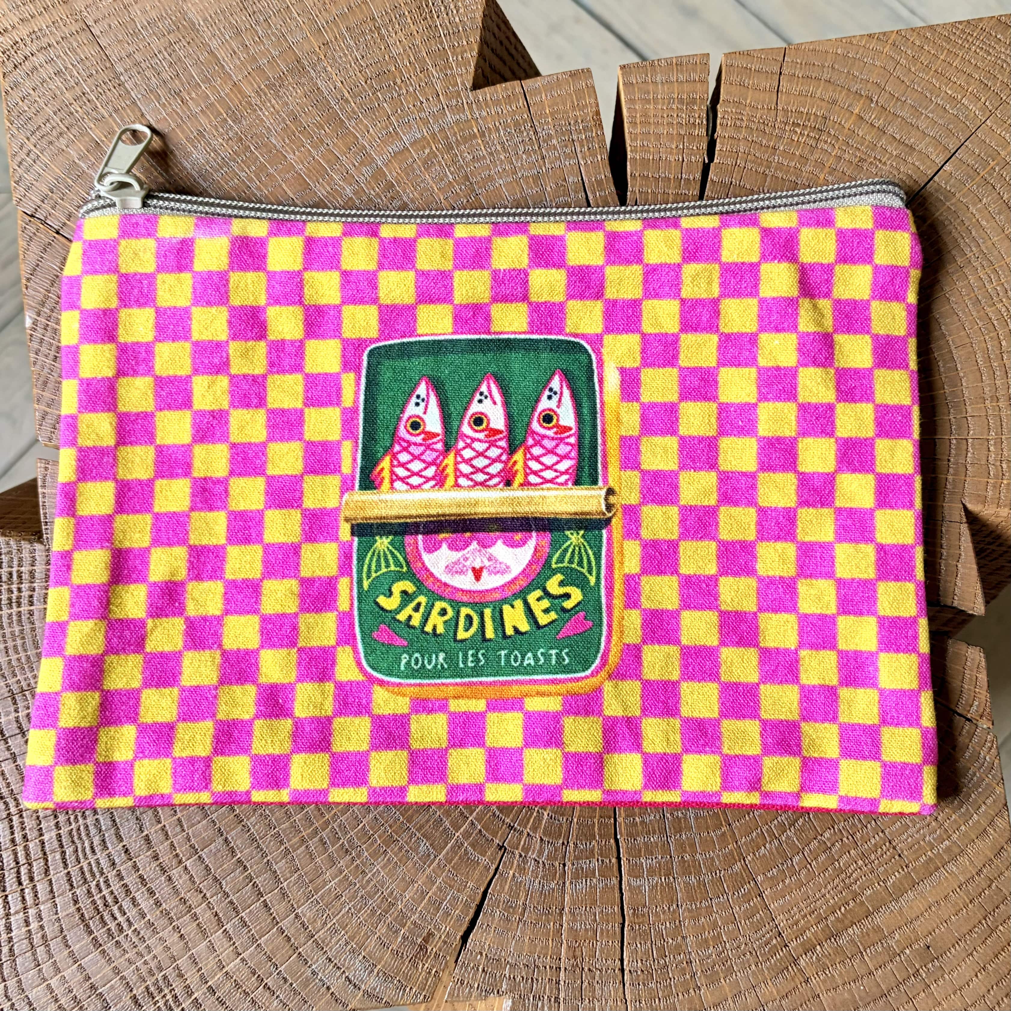 Grande pochette boîte de sardines carreaux rose et jaune 22x15 cm