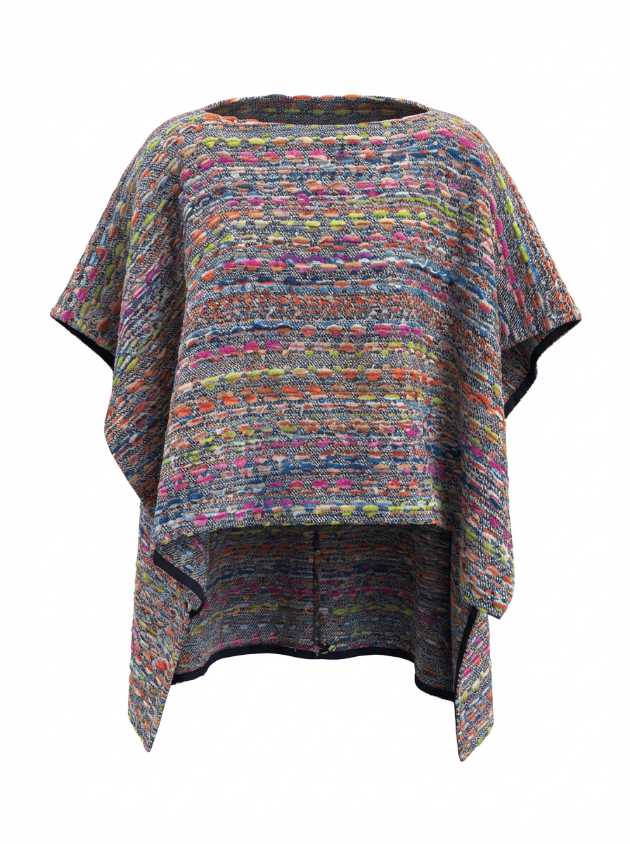 Poncho en tweed rayé multicolore tissé et fabriqué en France