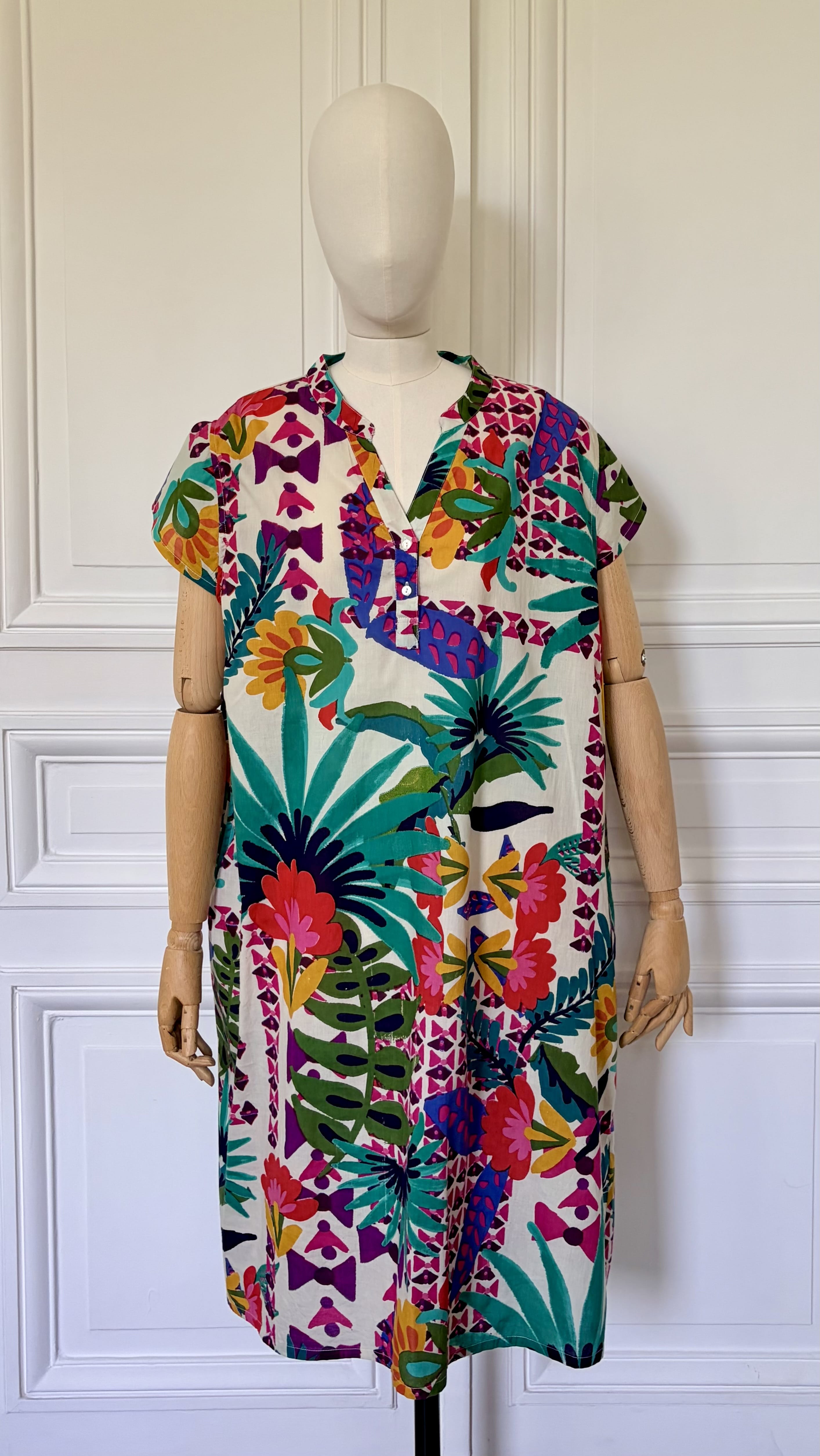 Robe mi longue col mao imprimée en coton