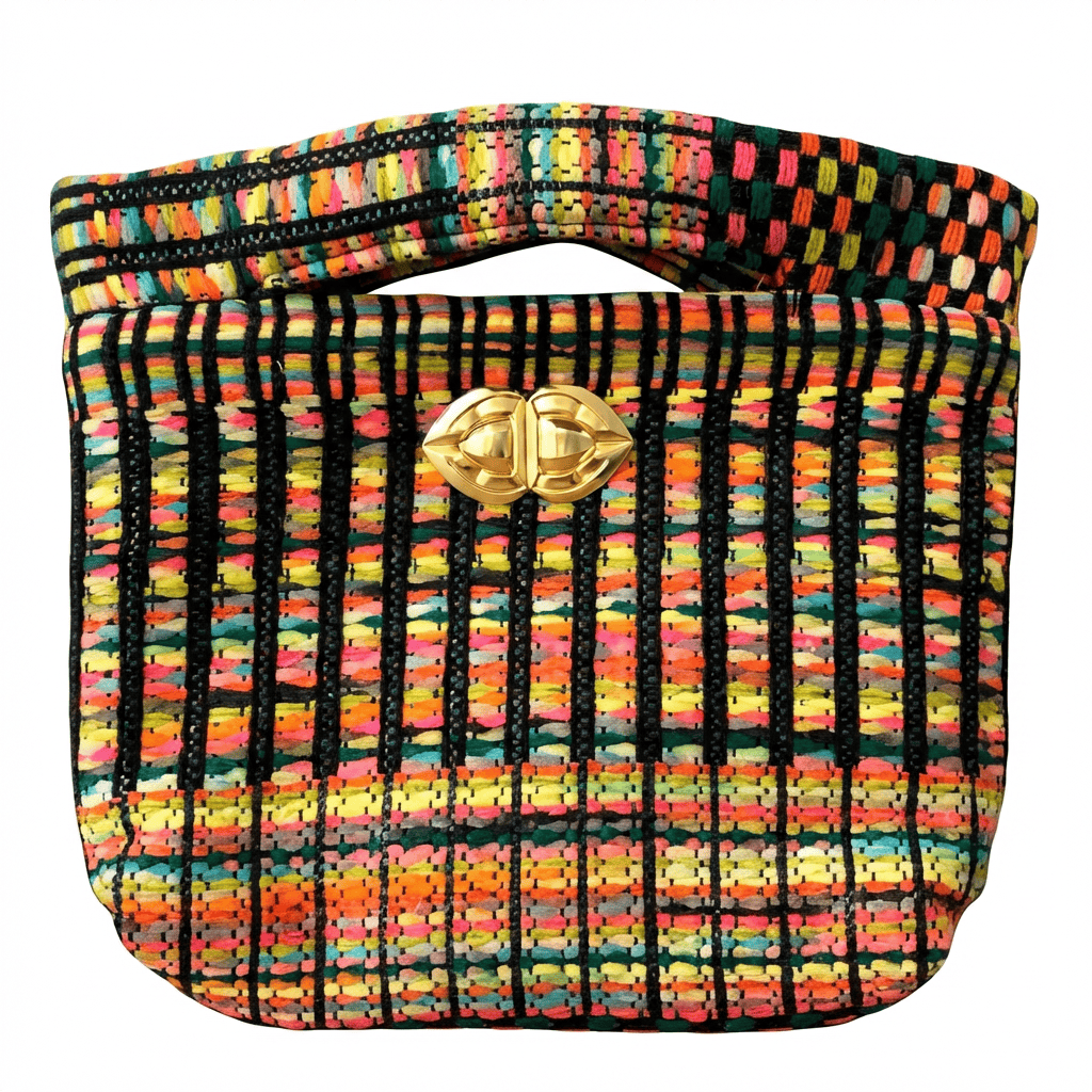 Pochette Agathe en tweed rose, jaune, turquoise, orange, vert et noir tissé et fabriquée en France