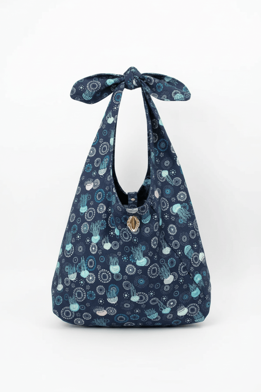 Sac Angèle en tweed méduses bleu marine, turquoise et argenté tissé et fabriqué en France
