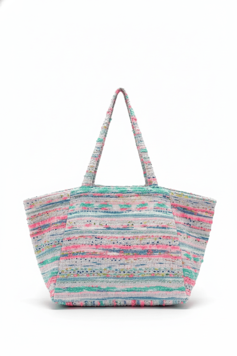 Sac Sébastien en tweed bleu, rose fluo, blanc et vert d'eau tissé et fabriqué en France