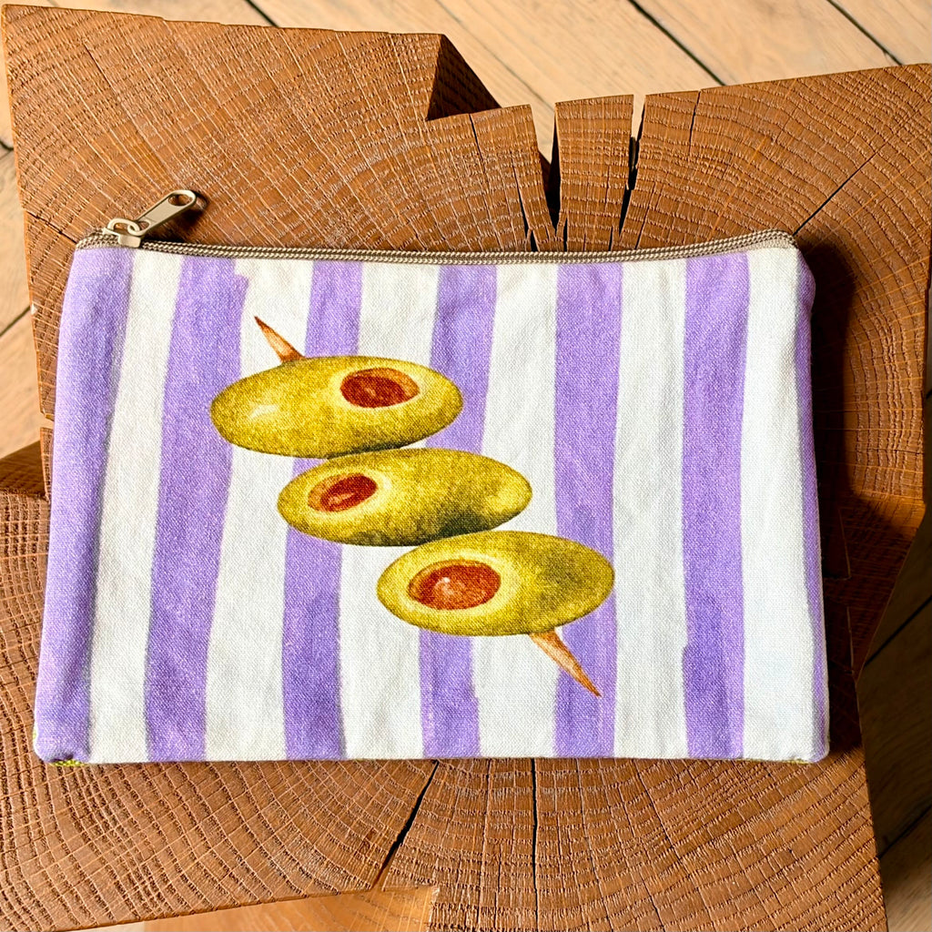 Grande pochette plate olives rayée mauve 22x15 cm