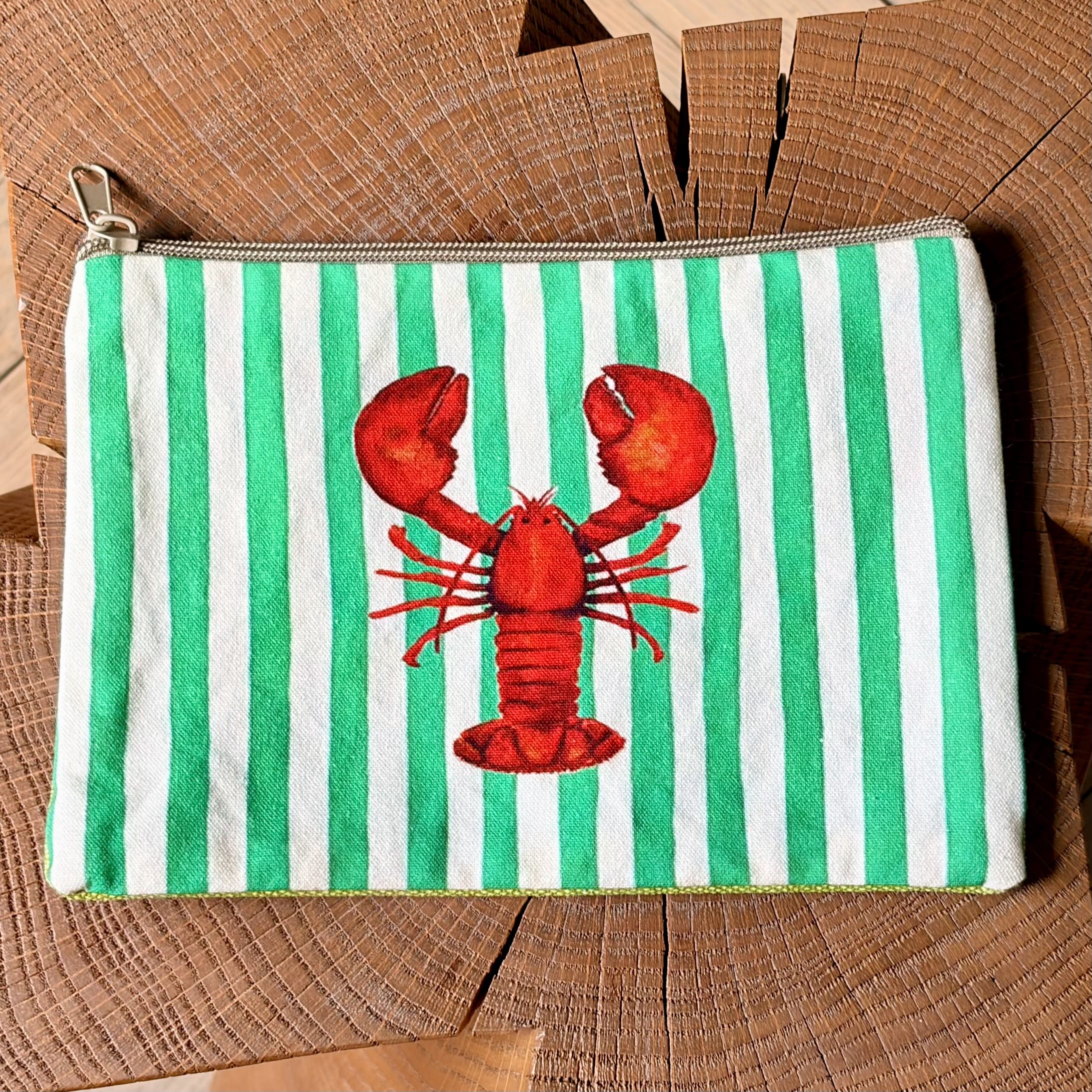 Grande pochette plate homard rayé vert 22x15 cm