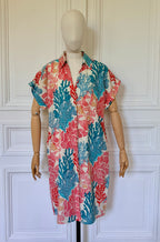 Robe mi longue col chemise imprimée coraux en coton