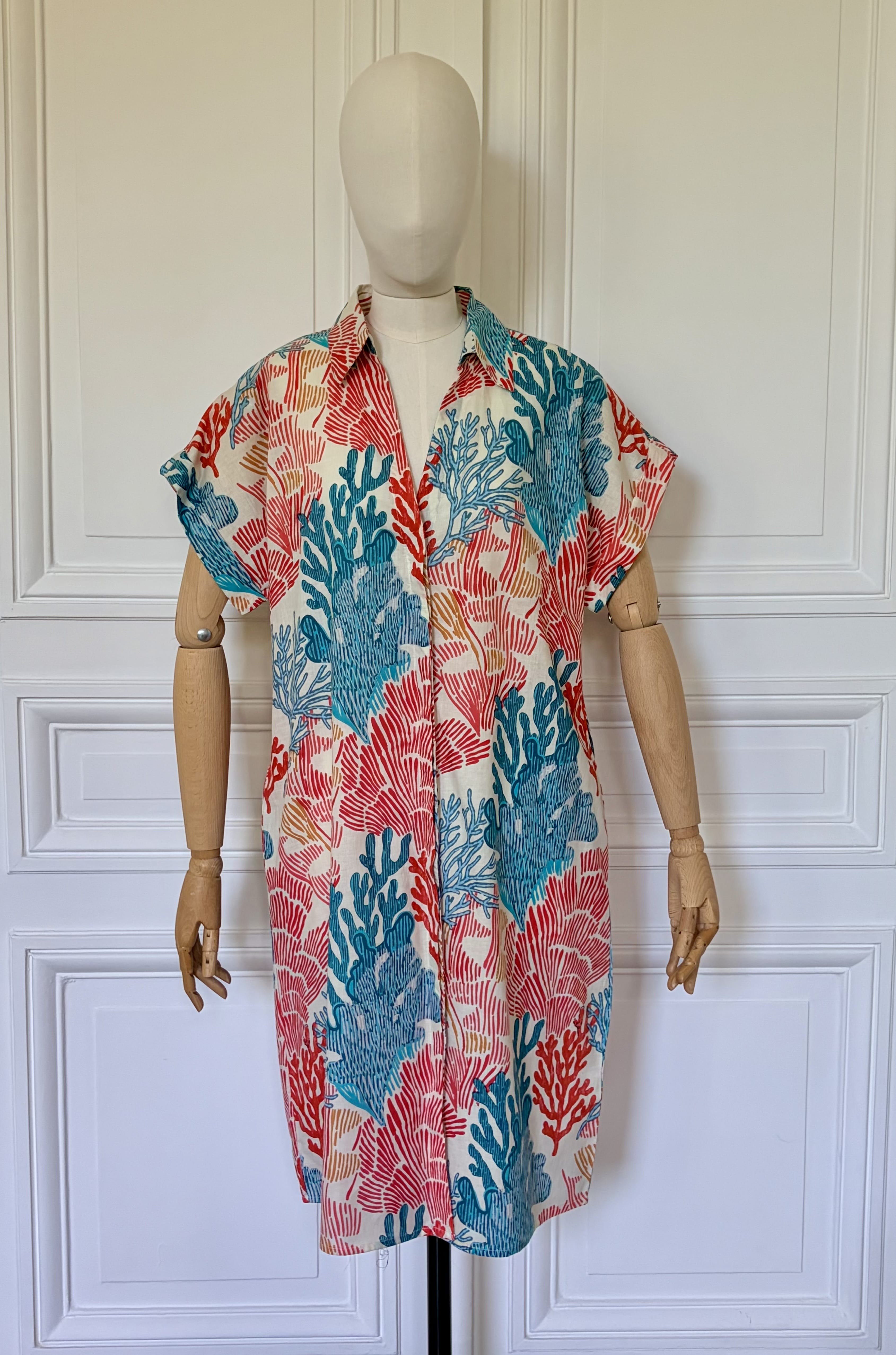 Robe mi longue col chemise imprimée coraux en coton